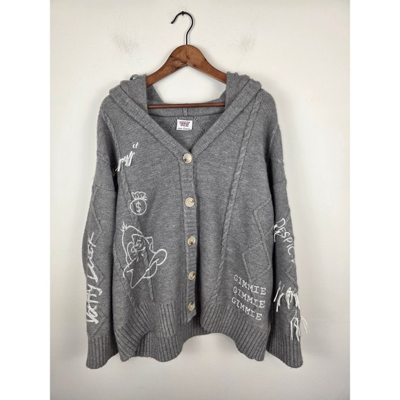 13De Marzo Other - 13DE MARZO Looney Tunes Daffy Duck Grey‎ Knit Hooded Cardigan Sweater Mens Med